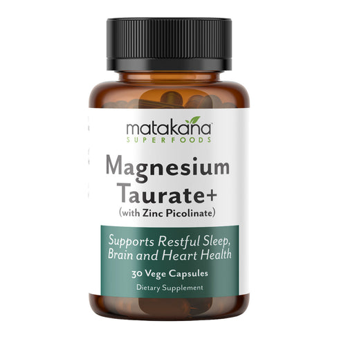 Supplement bottle labeled 'Matakana Superfoods Magnesium Taurate+' on a white background