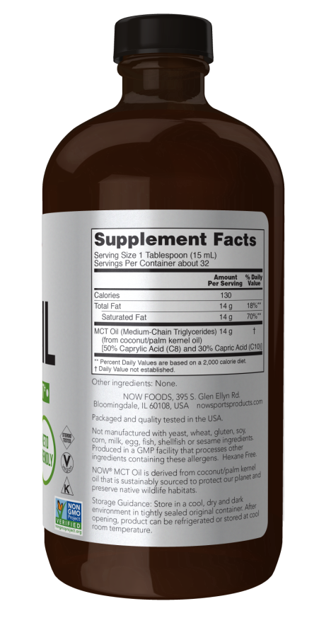 Image of MCT Oil 100% pure in Glass 473ml supplement facts
