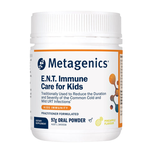 Metagenics E.N.T. Immune Care for Kids, 97g pineapple flavoured oral powder, white and orange Kids Immunity tub, front of pack