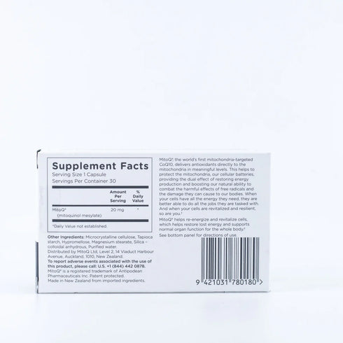 Image of MitoQ 20mg Extra Strength 30caps back of box
