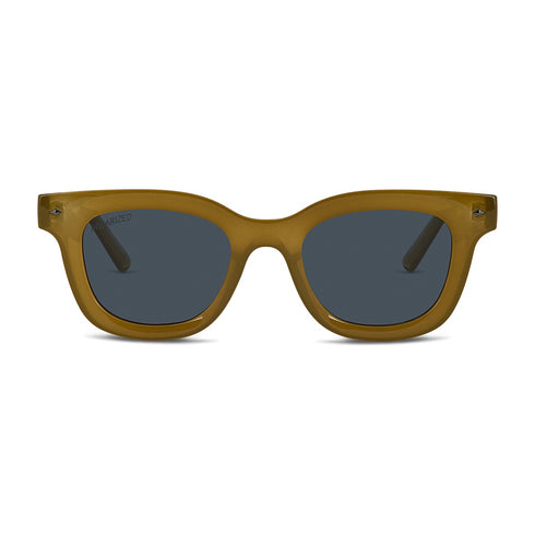 Wollumbin Nimbin sunglasses, olive frame with smoke polarised lens, front
