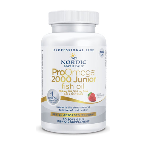 Nordic Naturals ProOmega 2000 Junior, 60 strawberry flavoured soft gels, white bottle with orange label, front of pack