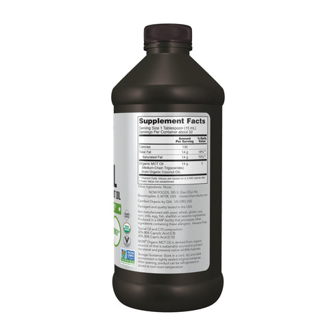 NOW Foods Organic MCT Oil, back label with the supplement facts panel