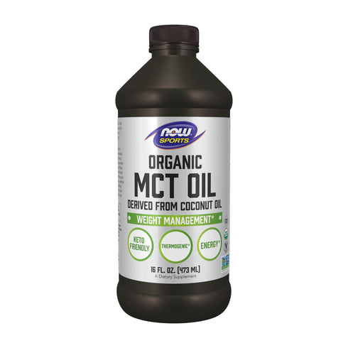 NOW Foods Organic MCT Oil 473ml, front of the amber bottle