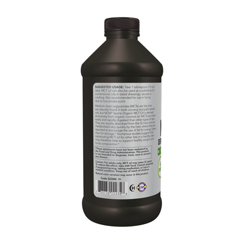 NOW Foods Organic MCT Oil, side label with suggested usage, cautions and certifications
