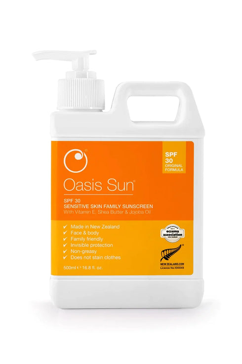 image of the old bottle design for the Oasis 500ml Jumbo Sunscreen
