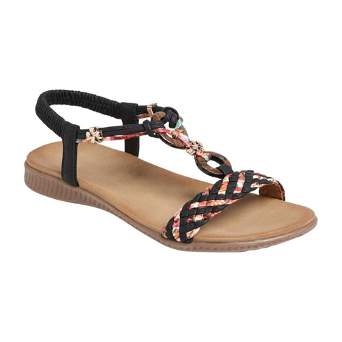 Walkable Beach Reef women's sandal in black with braided T-bar, side view