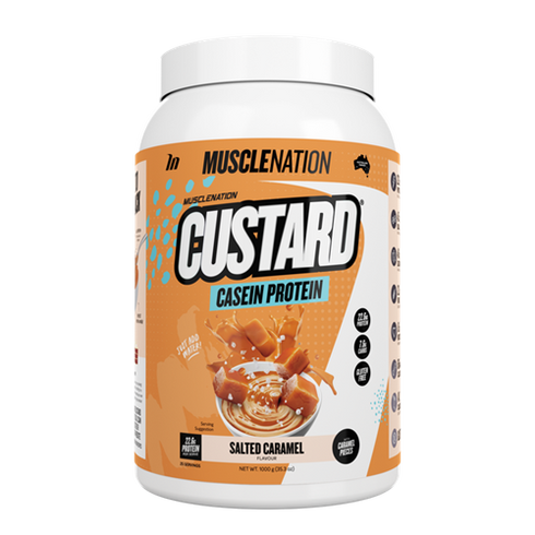 Custard Casein Protein Salted Caramel 1kg-MuscleNation-Matakana Pharmacy