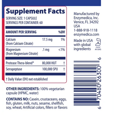 Image of SerraGold 60vcaps supplement facts
