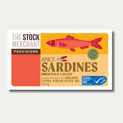 Spicy Sardines in Organic Extra Virgin Olive Oil by The Stock Merchant, 120g tin, front of pack