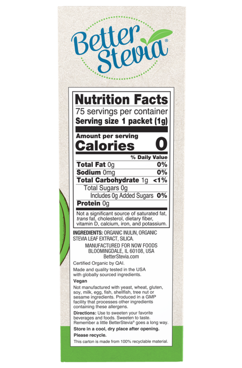 Image of BetterStevia Organic side of box with nutritional facts