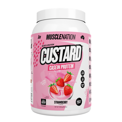 Custard Casein Protein Strawberry 1kg-MuscleNation-Matakana Pharmacy