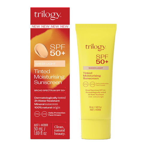 Image of tube and box it comes in of Trilogy SPF50+ sheer light tinted moisturiser