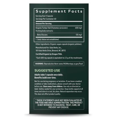 Image of Turkey Tail Mushroom 40vcaps supplement facts