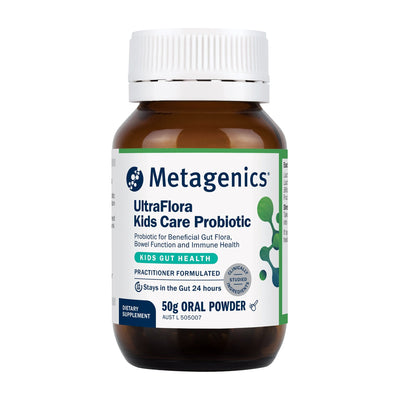 Metagenics UltraFlora Kids Care Probiotic 50g oral powder, amber jar with green bordered label, front of pack