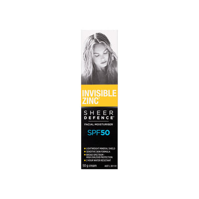 Invisible Zinc Sheer Defence Facial Moisturiser SPF50 untinted 50g carton, front
