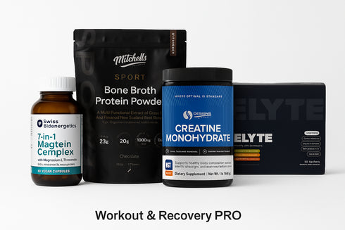Supplement products including Bone Broth Protein Powder, Creatine Monohydrate, and Elyte on a white background