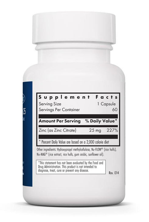 Image of Zinc Citrate 25 60caps supplement facts