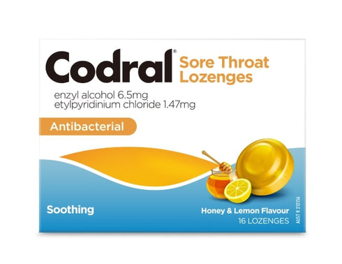 CODRAL Sore Throat Lozenges Honey/Lemon 16pk-Matakana Pharmacy
