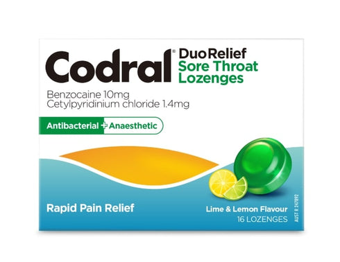 CODRAL Sore Throat Lozenges Lemon/Lime 16pk-Matakana Pharmacy