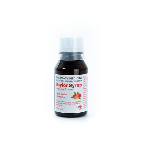 Image of Haylor 100 Syrup brown plastic bottle with child resistant cap and dosage measuring cup included.