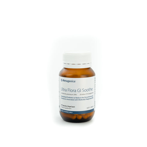 Image of Metagenics Premium Probiotic to help with IBS. Ultra flora GI Soothe bottle of 60capsules