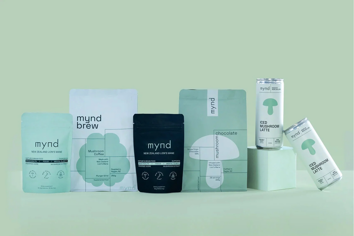 Mynd New Zealand Mushroom Product Collection on a pale mint background