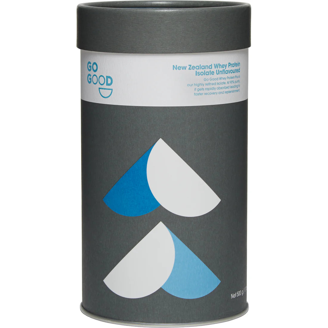 Go Good Unflavoured Whey Protein Isolate 1kg plastic free cardboard tube, front of pack