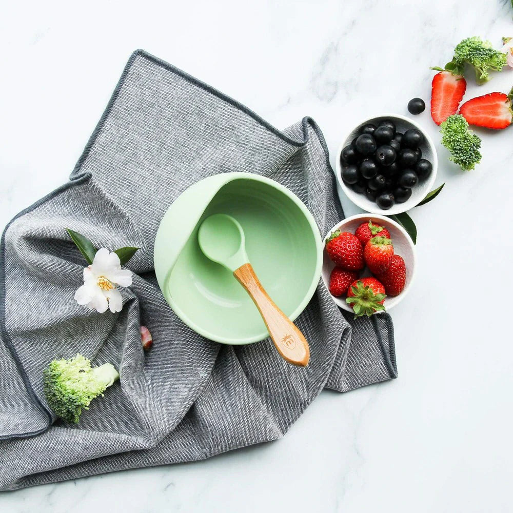Silicone and Bamboo Bowl and Spoon Green-Nil-Matakana Pharmacy