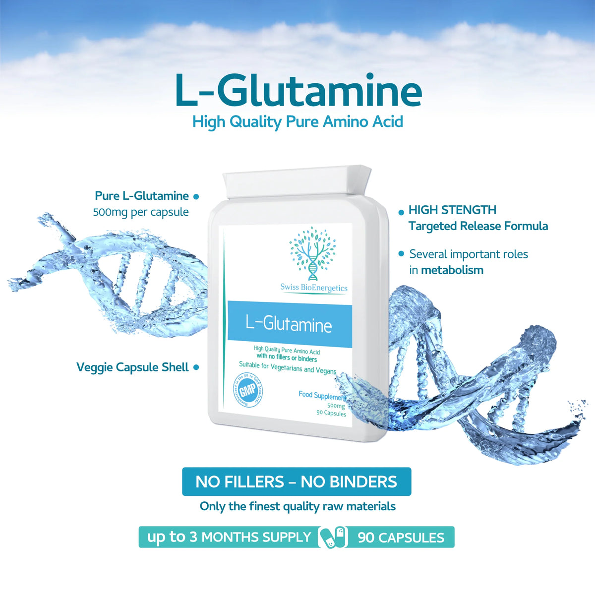 L-Glutamine 500mg 90 Capsules-Swiss Bioenergetics-Matakana Pharmacy