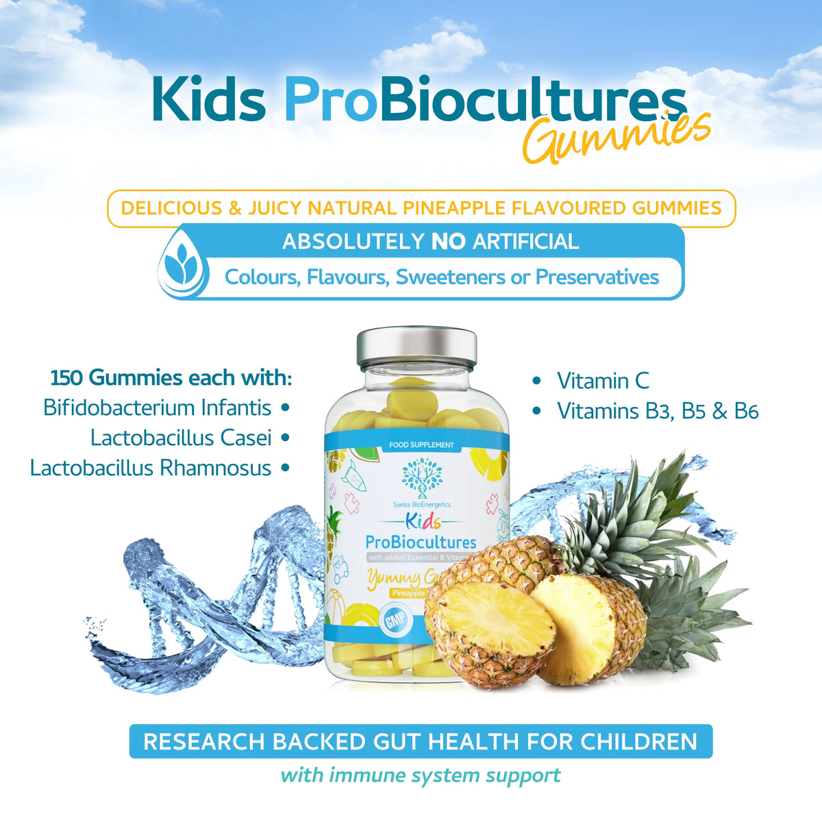 Kids Probiotic & Essential B Vitamin Gummies Pineapple 60-Swiss Bioenergetics-Matakana Pharmacy