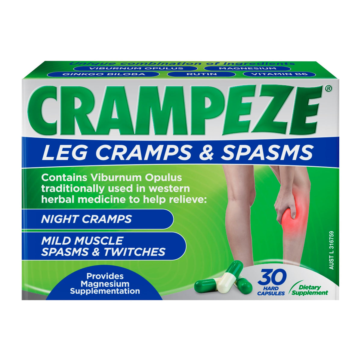 Crampeze Leg Cramps and Spasms 30 capsules, front of pack