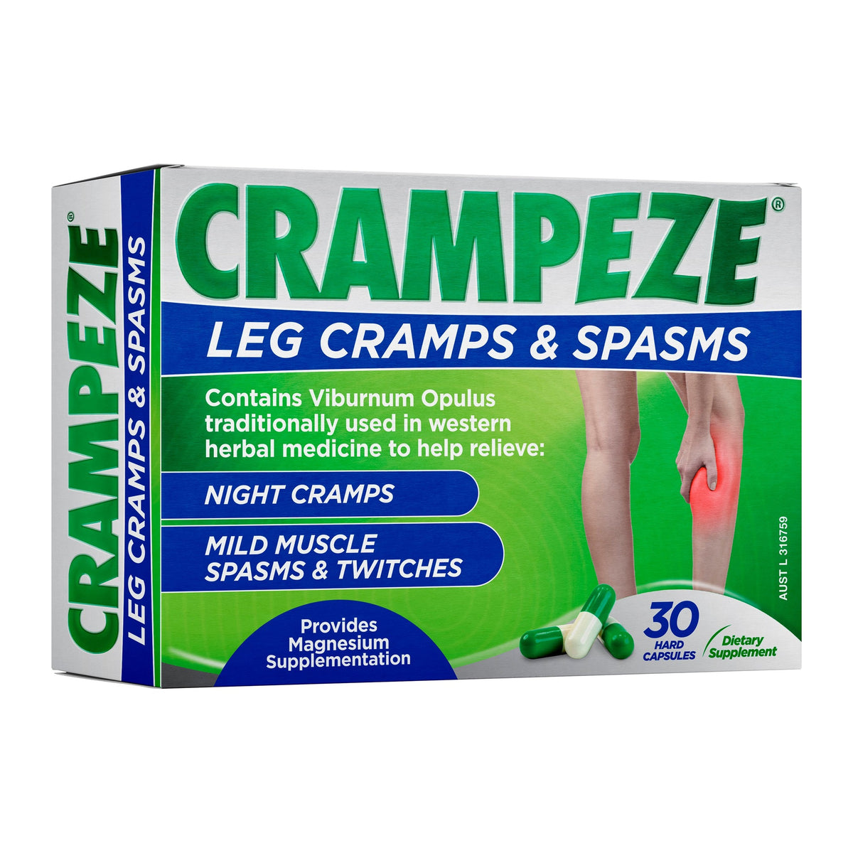 The Crampeze Leg Cramps and Spasms carton shown at an angle
