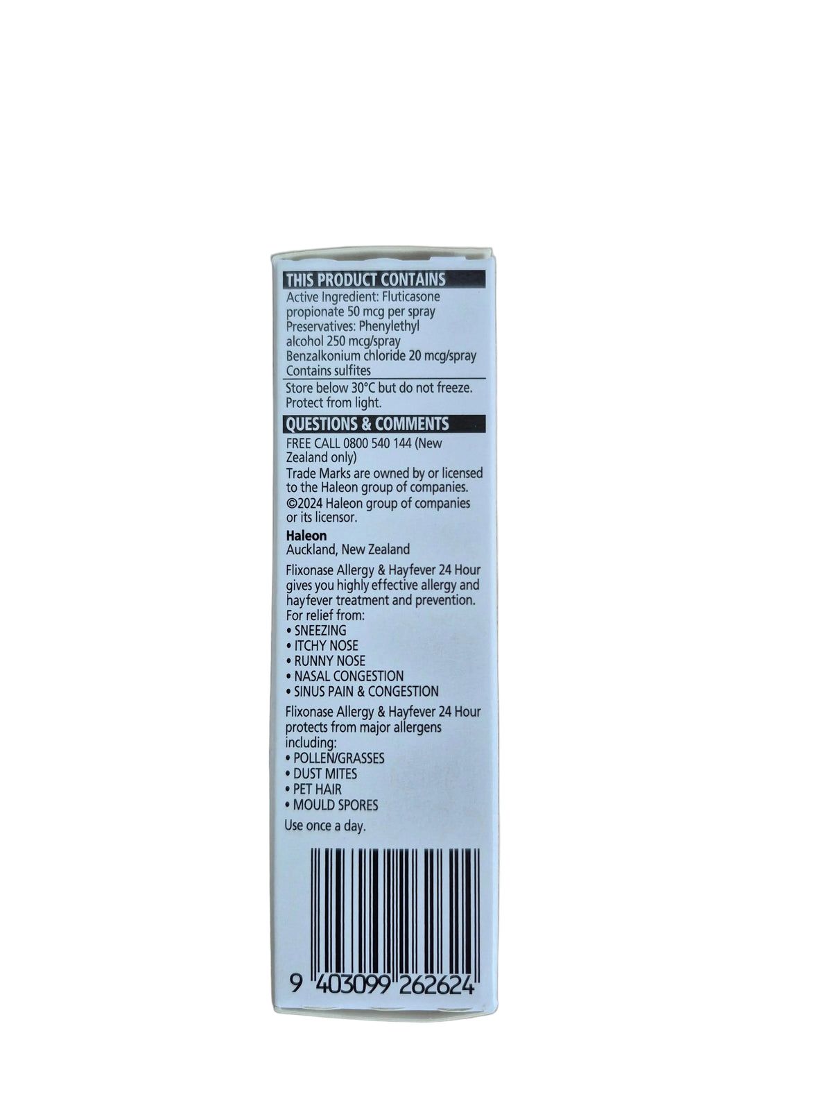 Flixonase product label with text and a barcode 