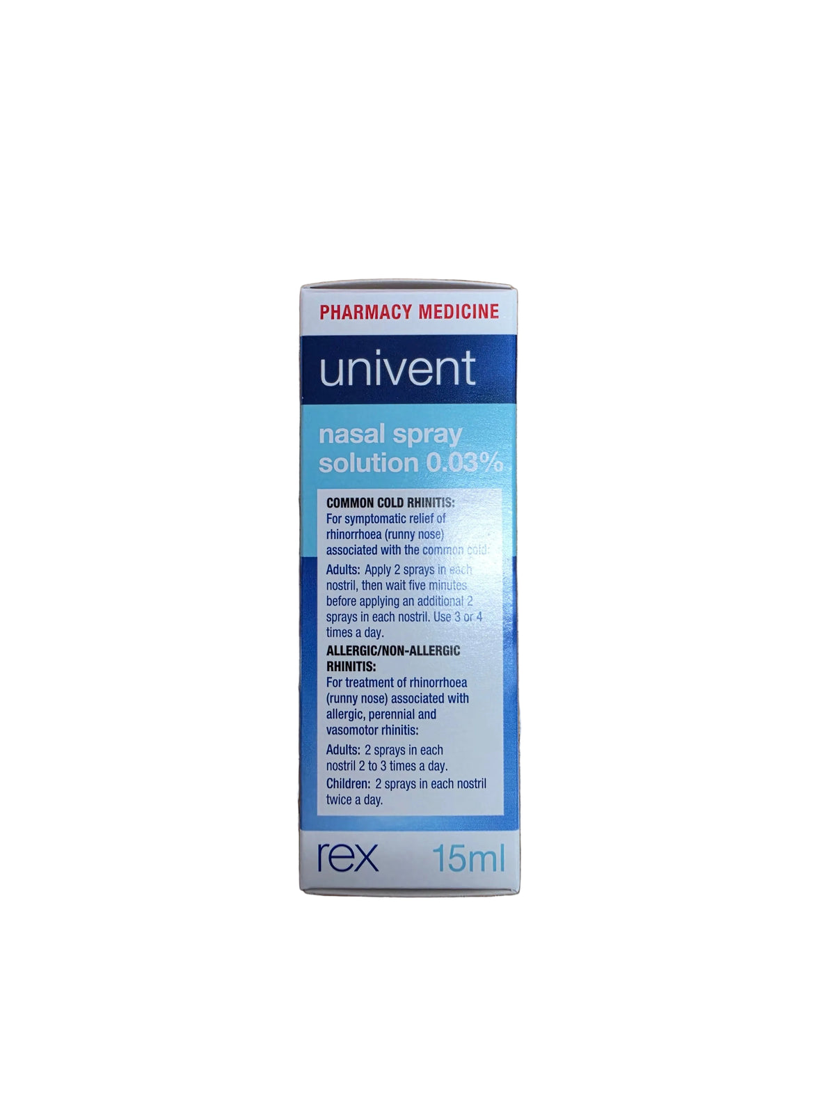 A 15ml box of Univent Rex nasal spray solution 0.03% 