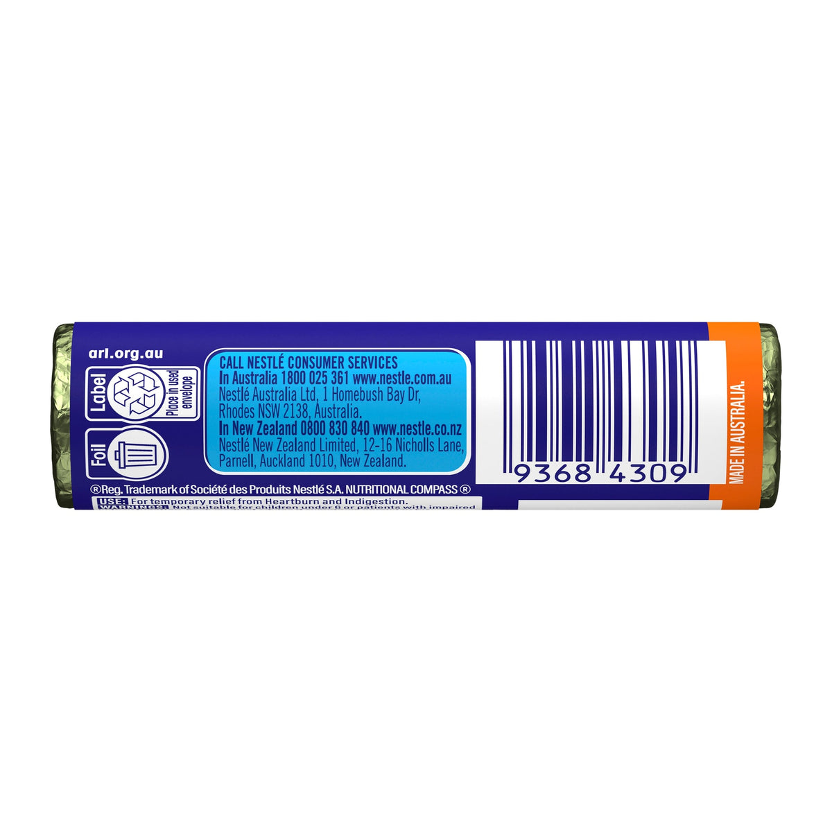 Back of the Quick-Eze Original stick with the barcode and Nestle contact details
