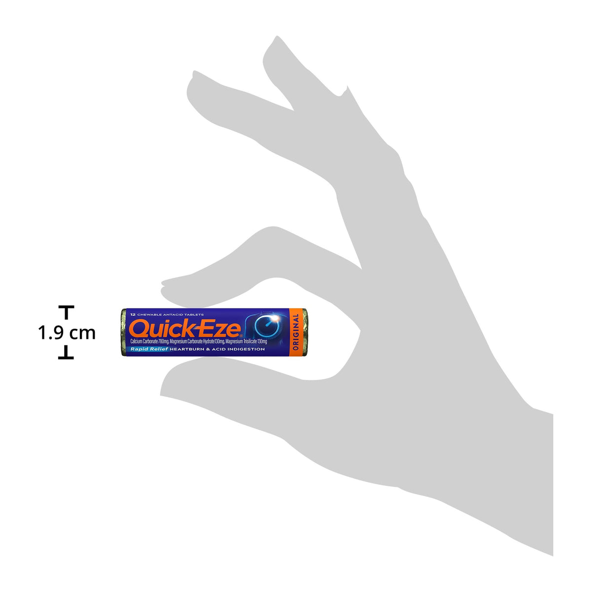 The Quick-Eze stick held in a hand, showing it is 1.9cm across
