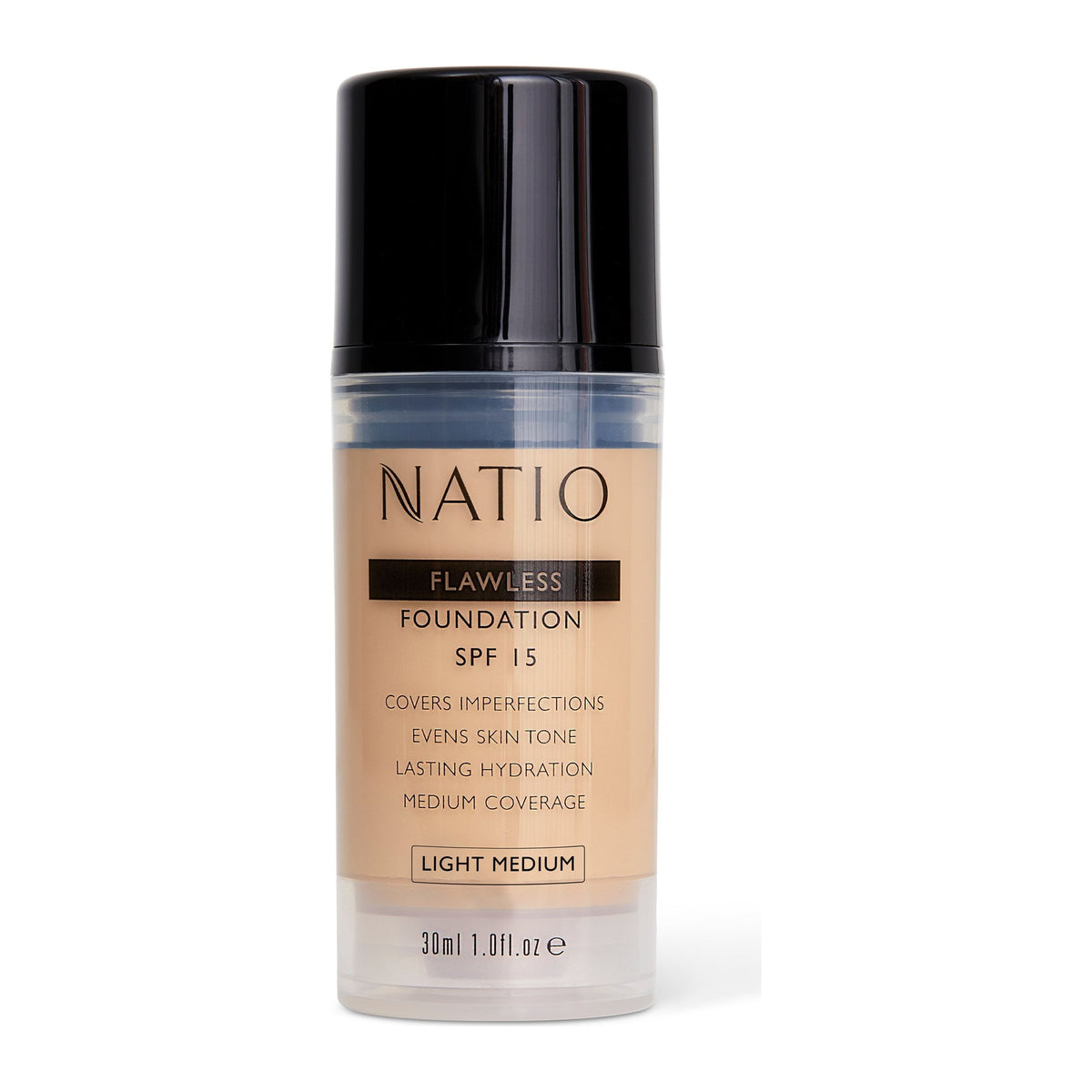 Flawless Fdn SPF15 Lt Medium by Natio, front of pack