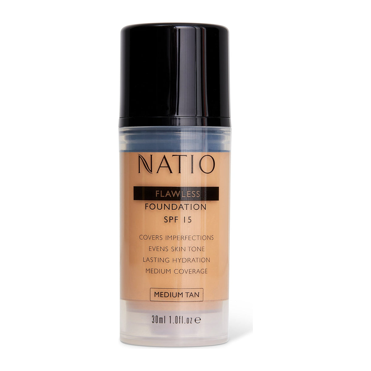 Flawless Fdn SPF15 Med Tan by Natio, front of pack