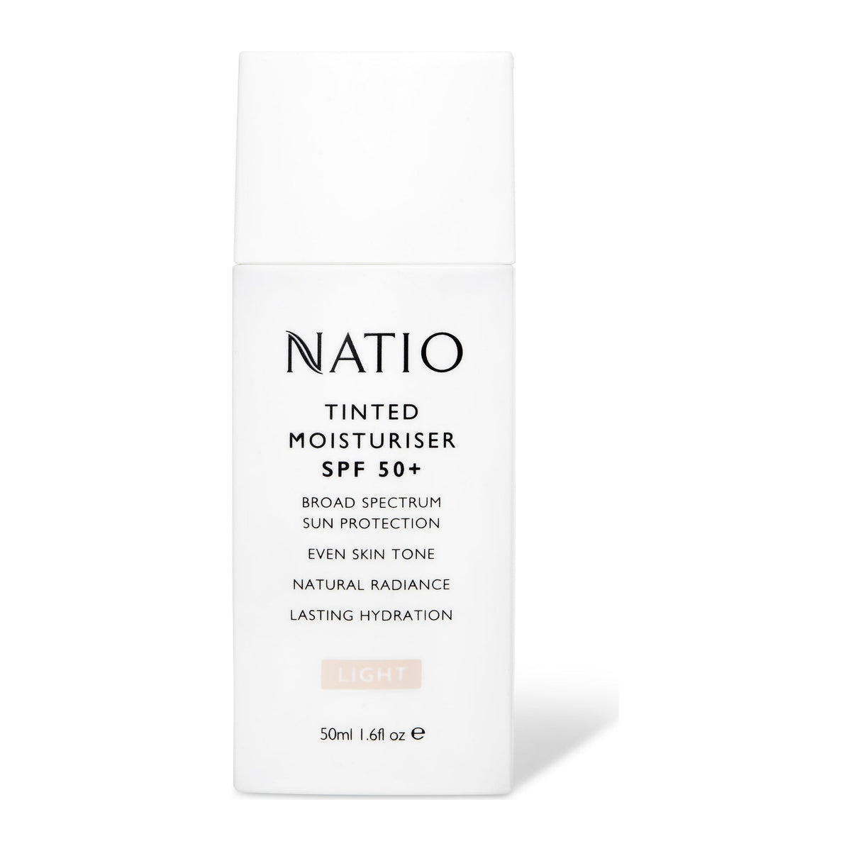 Tinted Moisturiser SPF50 Light by Natio, front of pack