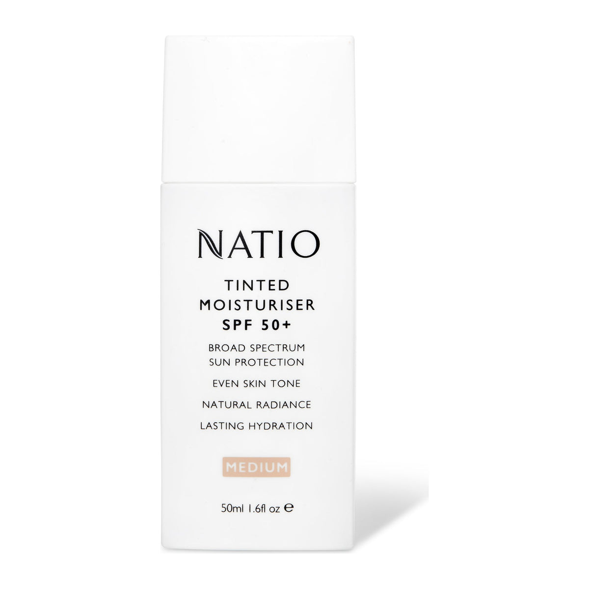 Tinted Moisturiser SPF50 Medium by Natio, front of pack