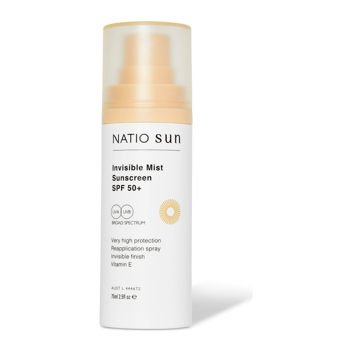 Invisible Mist SunScreen SPF 50+ 75ml by Natio, front of pack