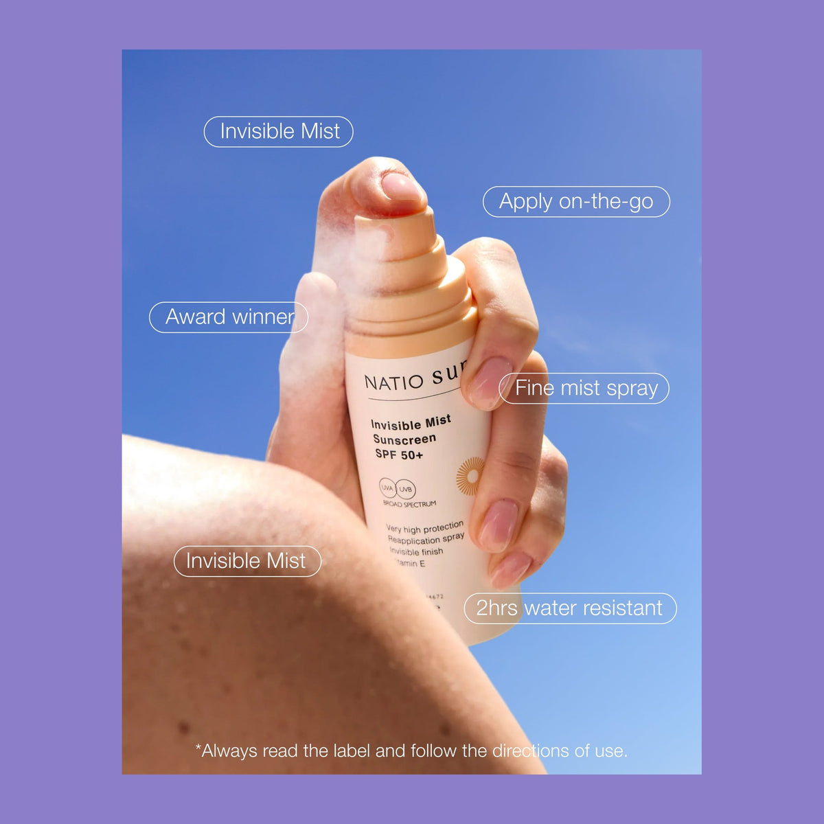Natio Invisible Mist SunScreen SPF 50+ 75ml shown in use