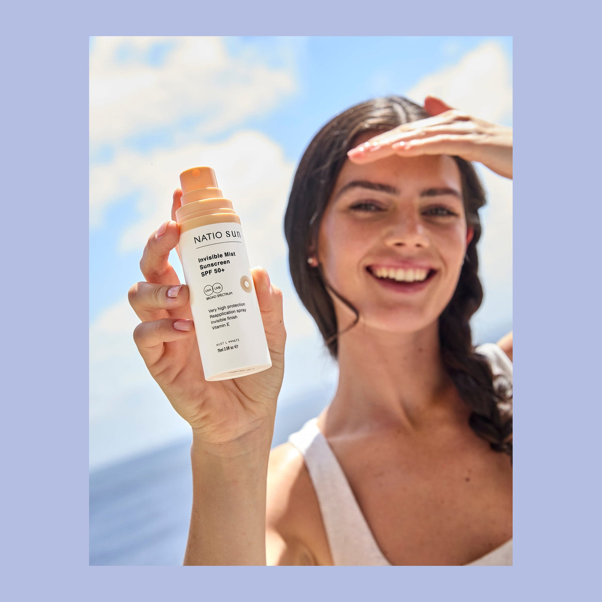 Natio Invisible Mist SunScreen SPF 50+ 75ml shown in use