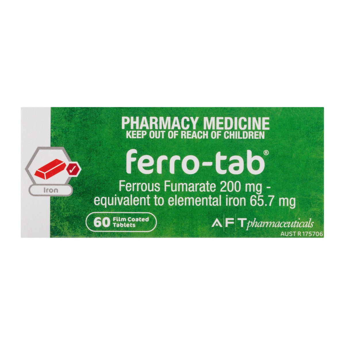 Ferro-Tab 200mg 60 film coated tablets, front of pack