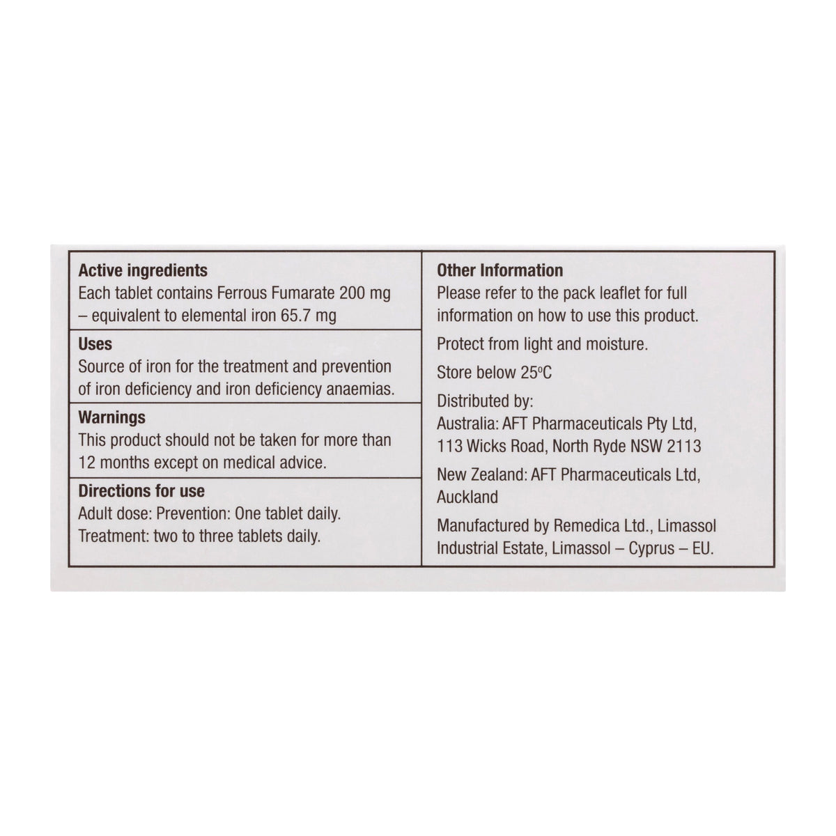 Back of the Ferro-Tab carton showing active ingredients, uses, warnings and directions for use