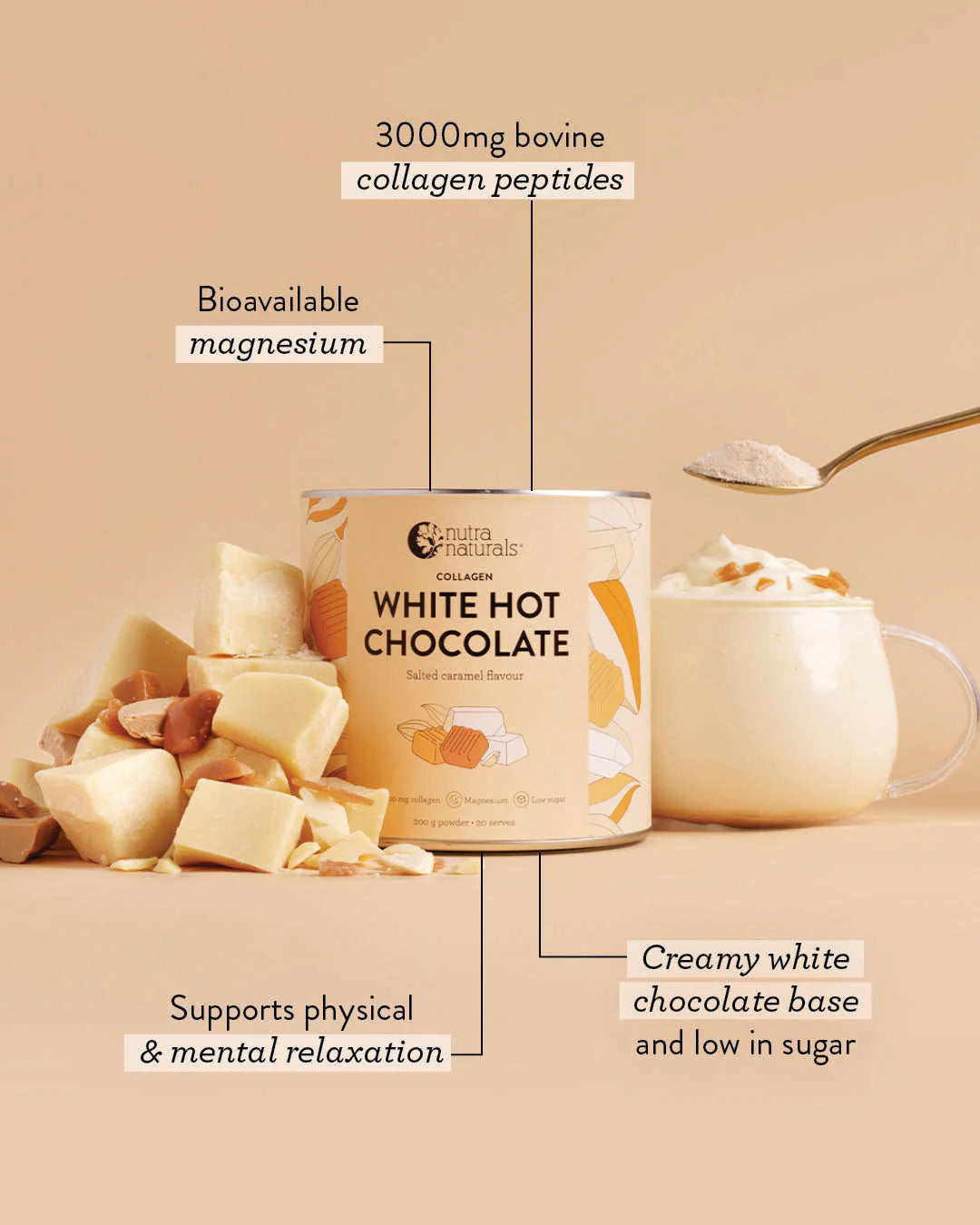 Collagen White Hot Chocolate Salted Caramel 200g-Nutra Organics-Matakana Pharmacy