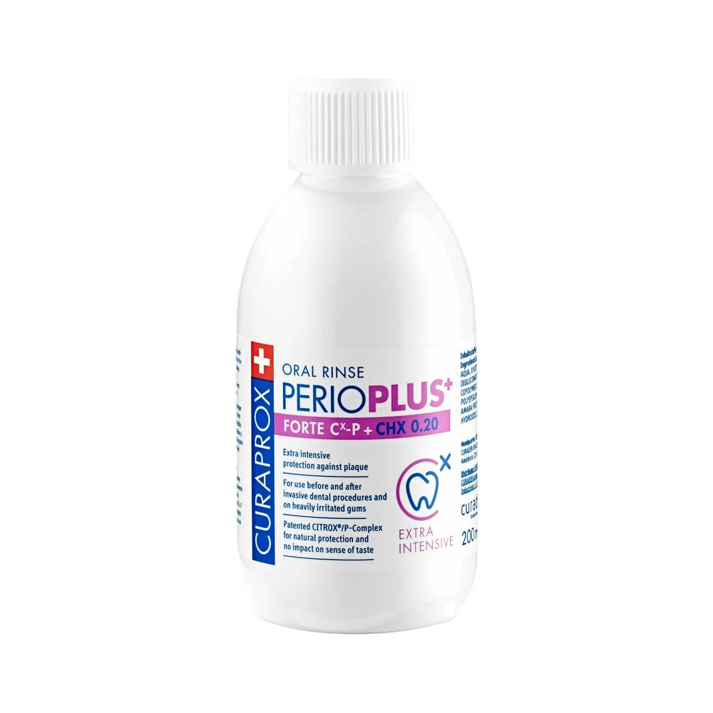 Curaprox Perio plus forte 0.2% chlorhexidine mouthrinse 200ml, front of bottle
