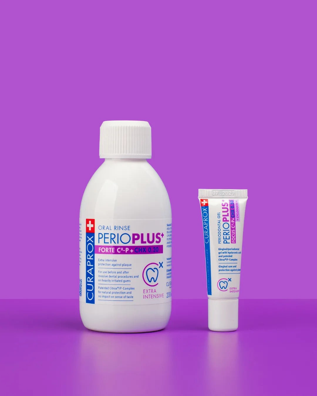 Curaprox Perio plus forte bottle beside the Perio plus toothpaste