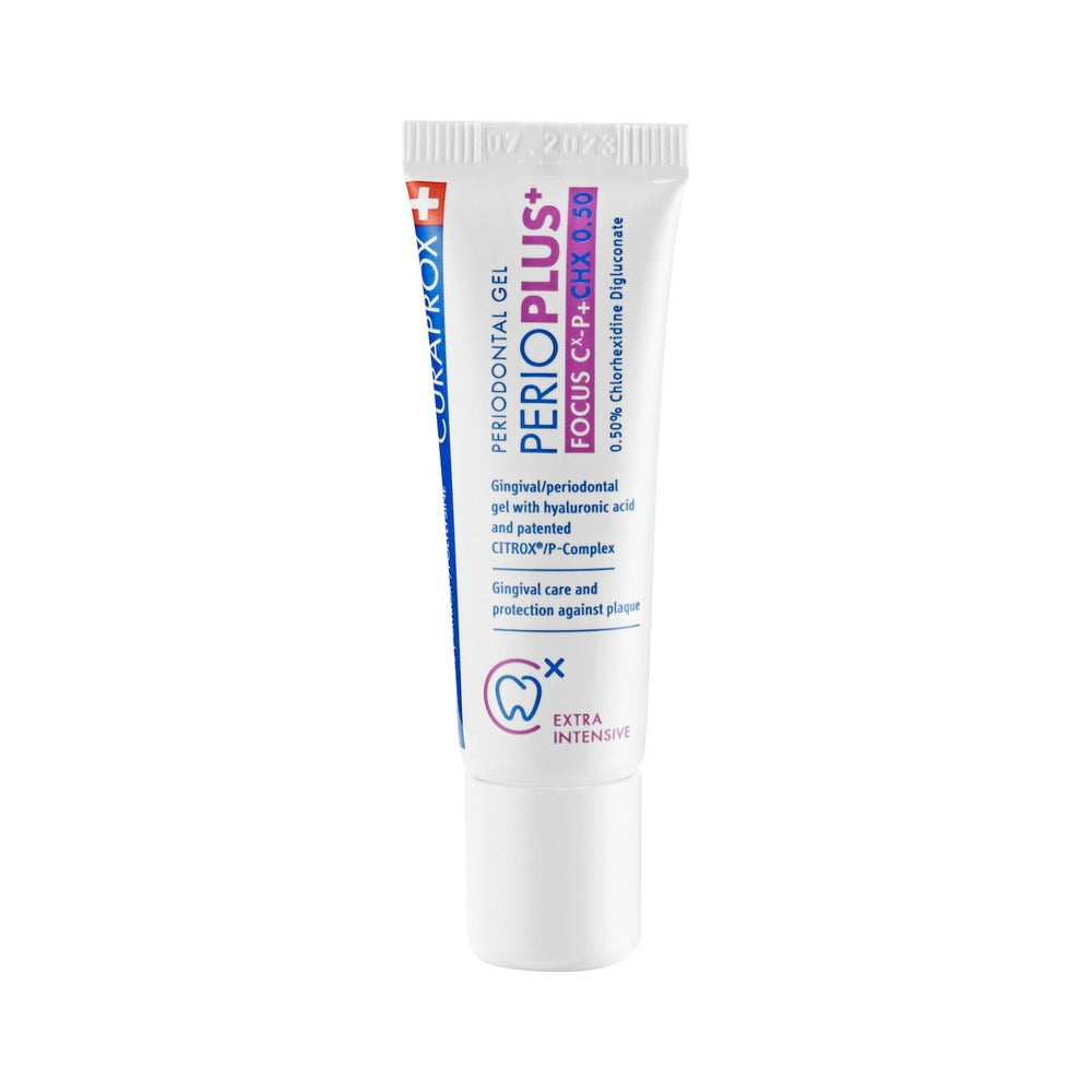 Curaprox Perio plus focus 0.5% chlorhexidine gel 10ml, front of tube